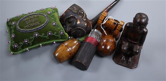 A collection of treen, a commemorative pin cushion and a pipe, etc.